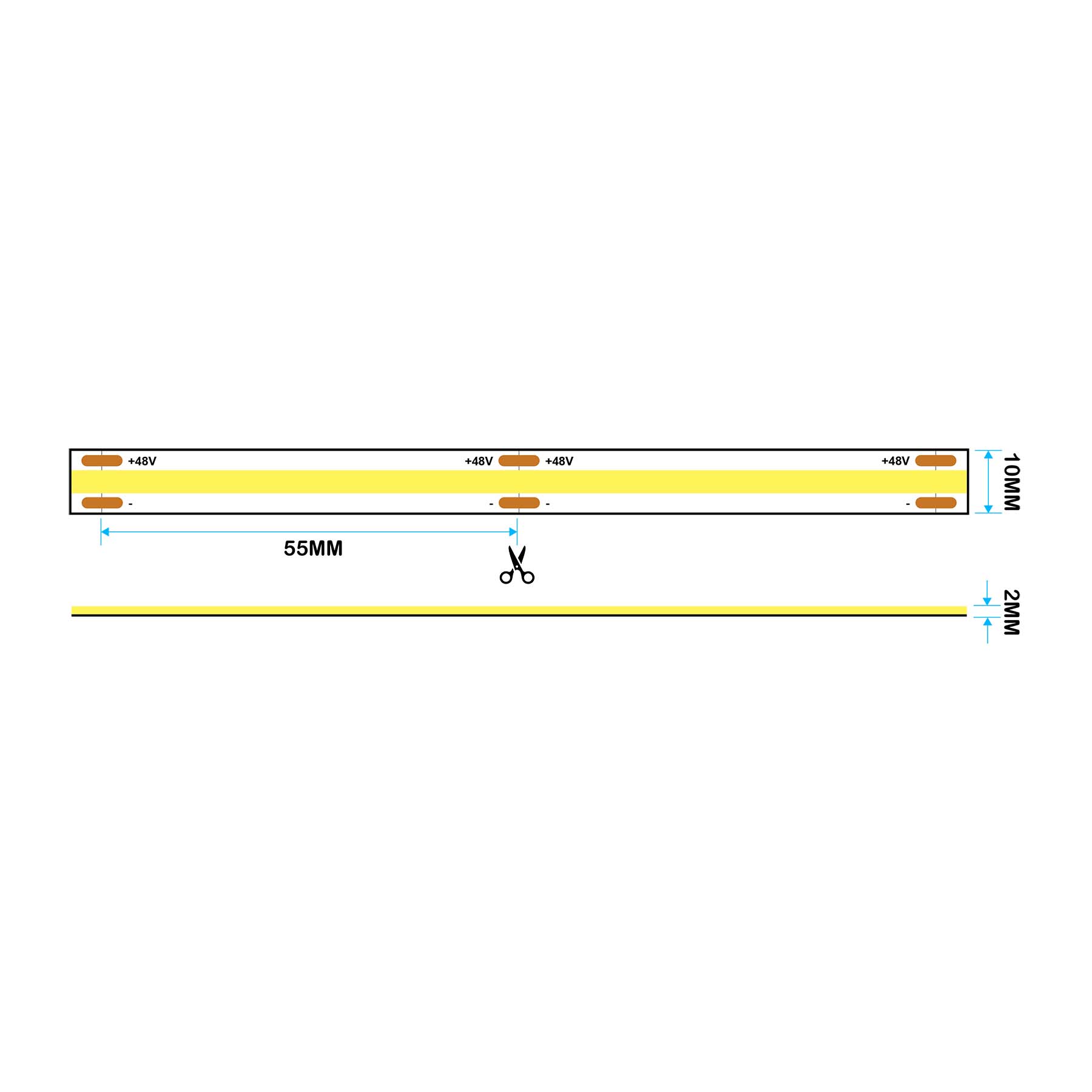  LED COB Strip Light, Seamless, IP20, 48V, 10mm Wide