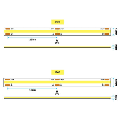  LED COB Strip Light, Seamless, 5M Reel, IP20/IP65, 24V, 10mm/12mm Wide, CCT