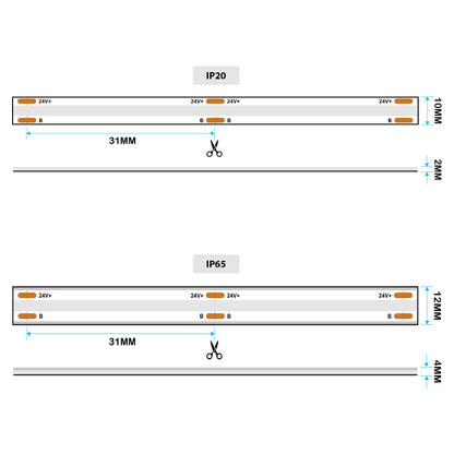  LED COB Strip Light, Seamless, 5M Reel, IP20/IP65, 24V, 10mm/12mm Wide, RGB