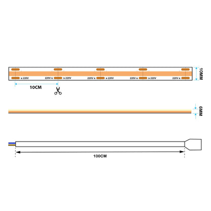  Hard Wiring LED COB AC Strip Light, Seamless, IP65, 220V-240V, 10mm Wide, 10cm/Cut