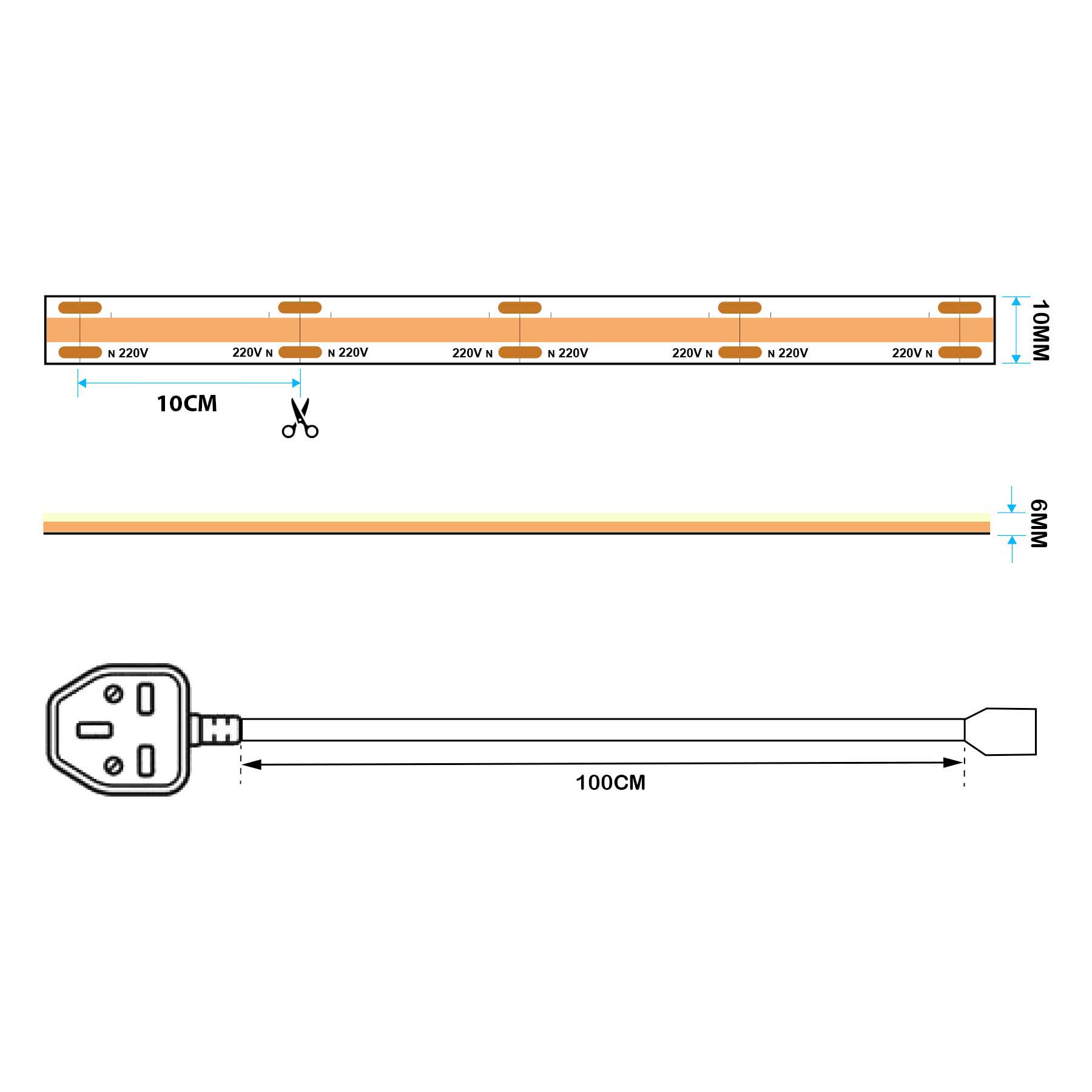  Plug & Play LED COB AC Strip Light, Seamless, IP65, 220V-240V, 10mm Wide, 10cm/Cut